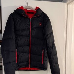 Spyder Men's Black and Red Hooded Puffer Jacket
